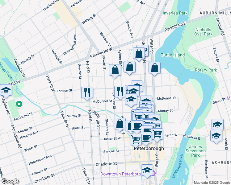 map of restaurants, bars, coffee shops, grocery stores, and more near 548 Bethune Street in Peterborough