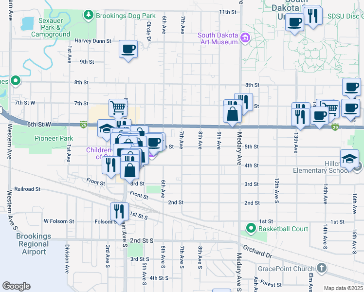 map of restaurants, bars, coffee shops, grocery stores, and more near 501 7th Avenue in Brookings