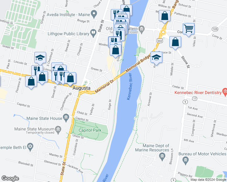 map of restaurants, bars, coffee shops, grocery stores, and more near 50 Gage Street in Augusta