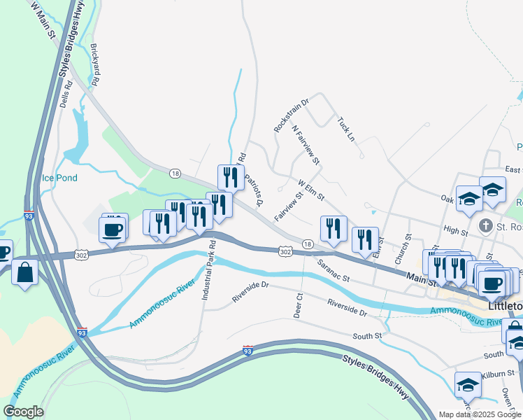 map of restaurants, bars, coffee shops, grocery stores, and more near 114 West Main Street in Littleton
