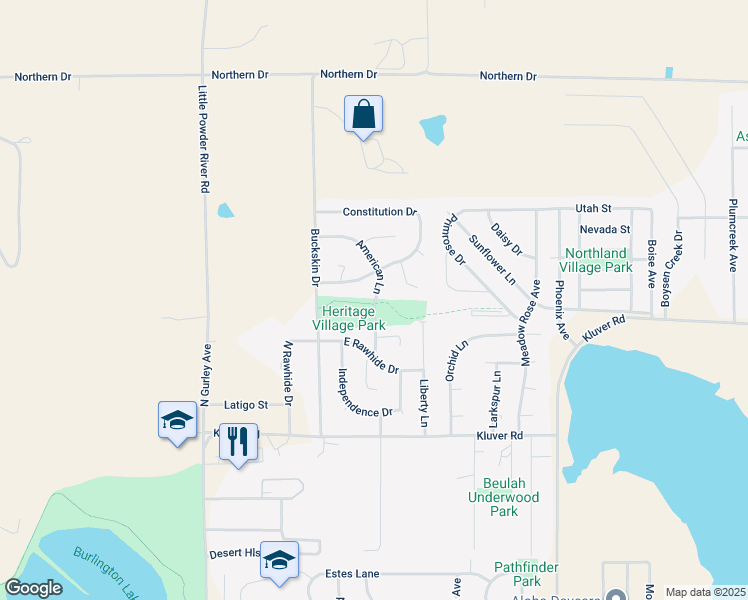 map of restaurants, bars, coffee shops, grocery stores, and more near American Lane in Gillette