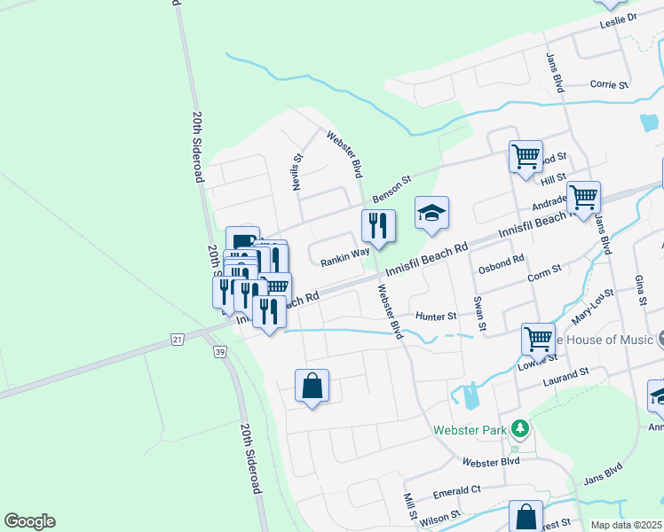 map of restaurants, bars, coffee shops, grocery stores, and more near 1417 Rankin Way in Innisfil