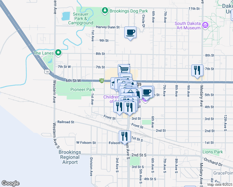 map of restaurants, bars, coffee shops, grocery stores, and more near 504 3rd Avenue in Brookings