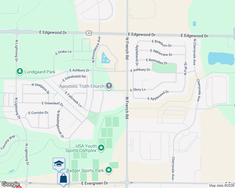 map of restaurants, bars, coffee shops, grocery stores, and more near 3609 East Glory Lane in Appleton