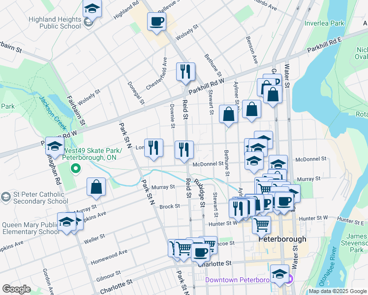 map of restaurants, bars, coffee shops, grocery stores, and more near 559 Reid Street in Peterborough