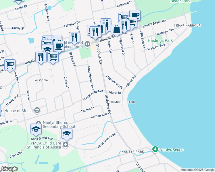 map of restaurants, bars, coffee shops, grocery stores, and more near 1983 Saint Johns Road in Innisfil