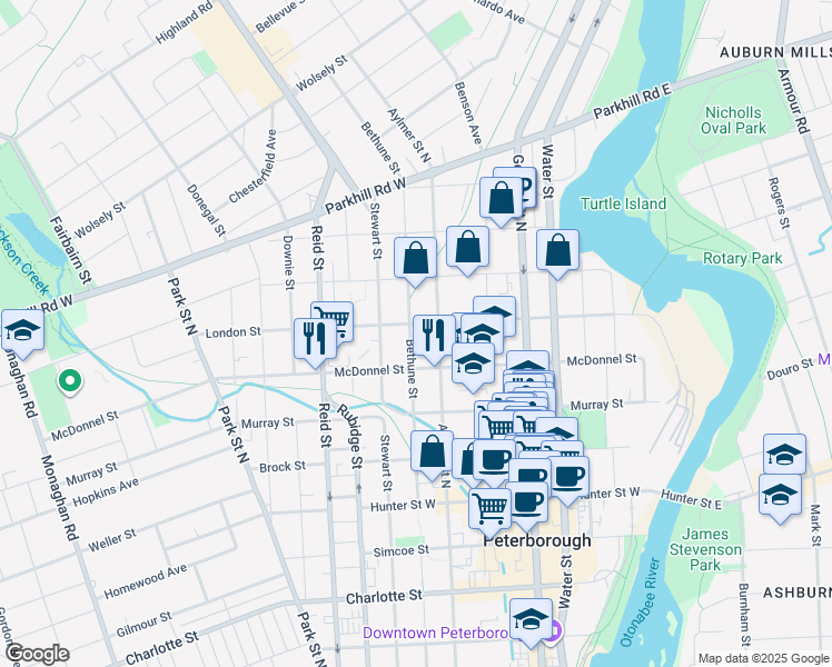 map of restaurants, bars, coffee shops, grocery stores, and more near 552 Bethune Street in Peterborough
