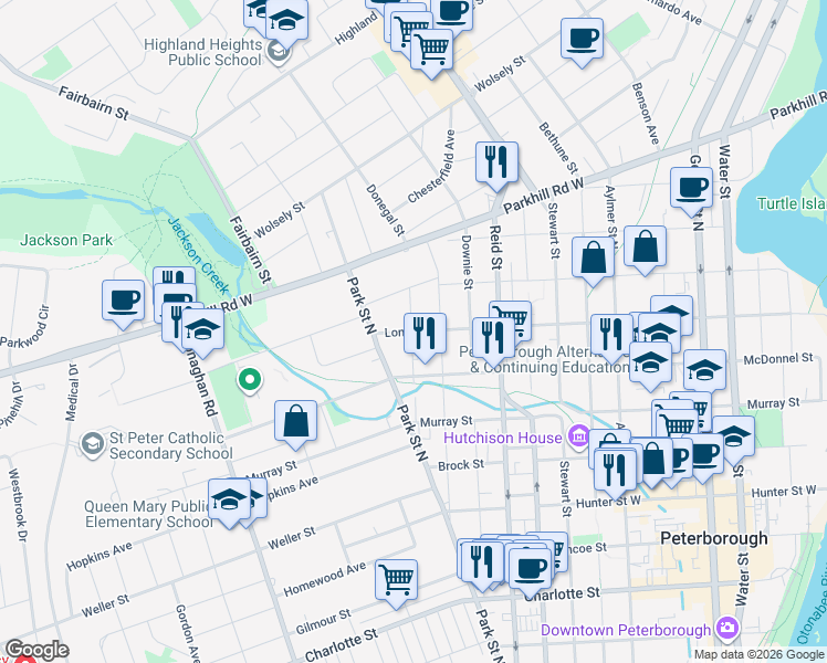 map of restaurants, bars, coffee shops, grocery stores, and more near 393 London Street in Peterborough