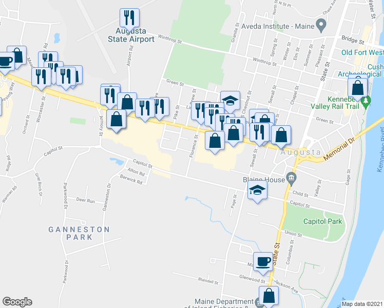 map of restaurants, bars, coffee shops, grocery stores, and more near 24 Florence Street in Augusta