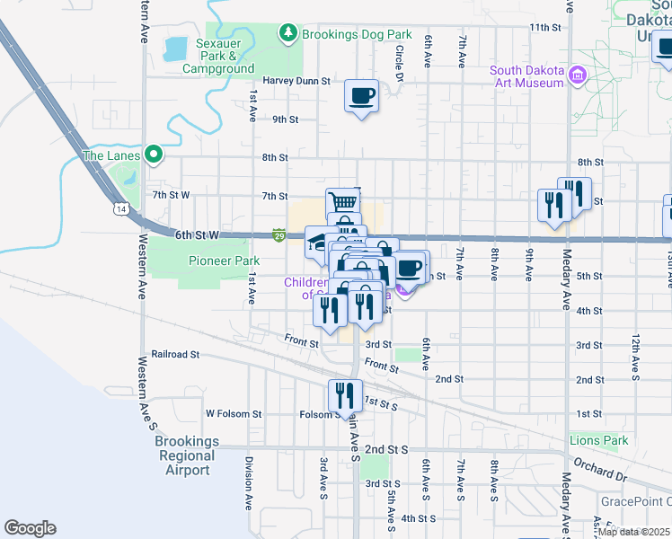 map of restaurants, bars, coffee shops, grocery stores, and more near 312 5th Street in Brookings