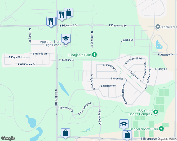 map of restaurants, bars, coffee shops, grocery stores, and more near 4724 North Brookridge Lane in Appleton