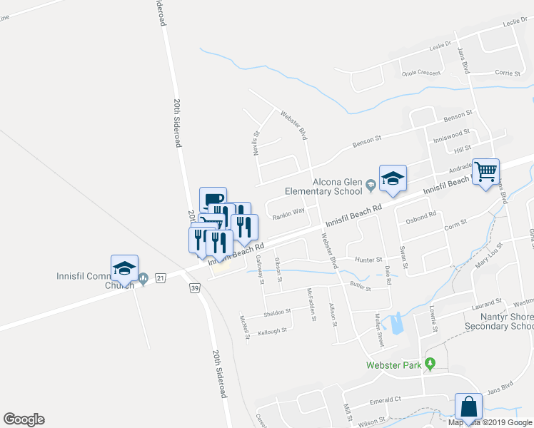 map of restaurants, bars, coffee shops, grocery stores, and more near 1447 Rankin Way in Innisfil