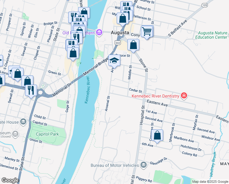 map of restaurants, bars, coffee shops, grocery stores, and more near 27 Eastern Avenue in Augusta