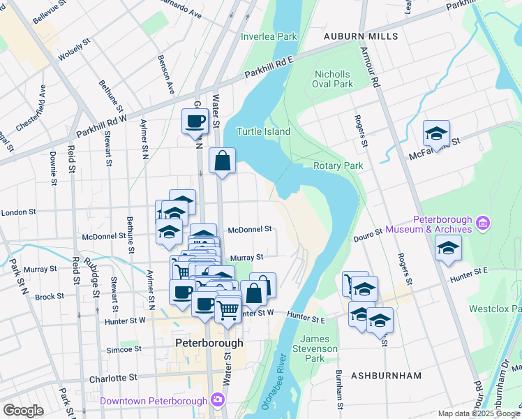map of restaurants, bars, coffee shops, grocery stores, and more near 550 Waterford Street in Peterborough