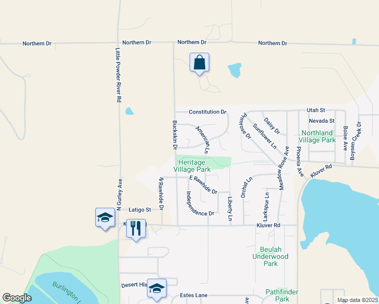 map of restaurants, bars, coffee shops, grocery stores, and more near American Lane in Gillette