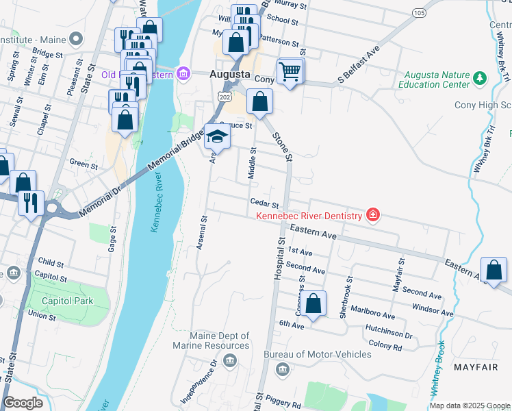 map of restaurants, bars, coffee shops, grocery stores, and more near 49 Eastern Avenue in Augusta