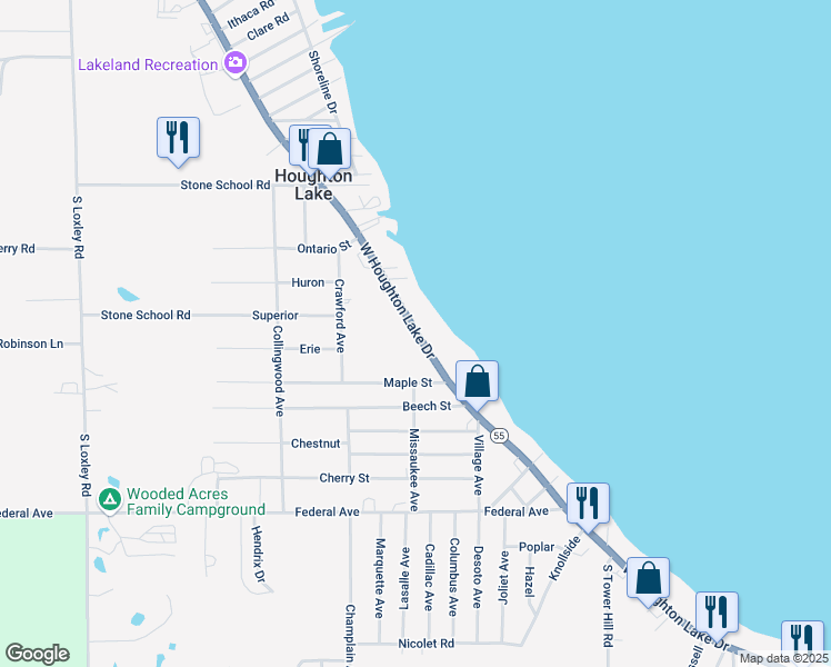 map of restaurants, bars, coffee shops, grocery stores, and more near 6263 West Houghton Lake Drive in Houghton Lake
