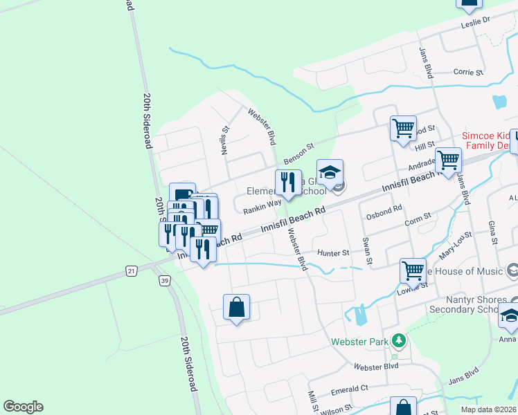 map of restaurants, bars, coffee shops, grocery stores, and more near Rankin Way in Innisfil