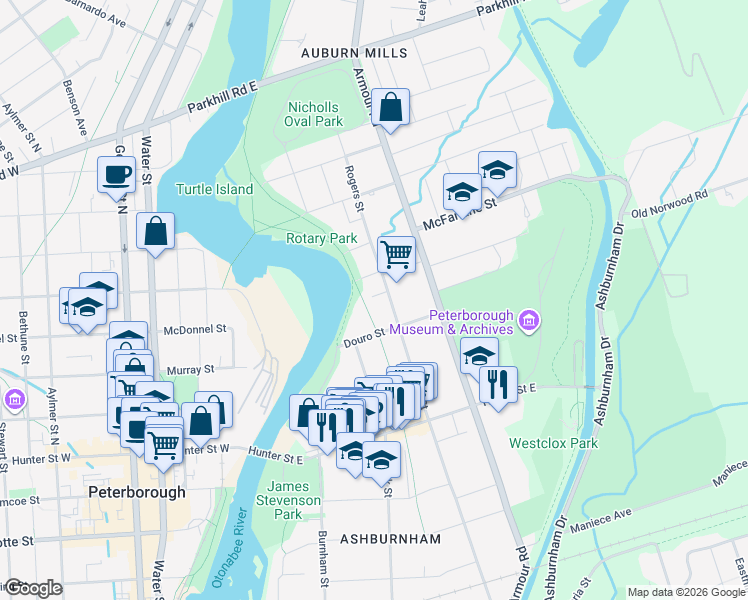 map of restaurants, bars, coffee shops, grocery stores, and more near 131 Sutherland Place in Peterborough
