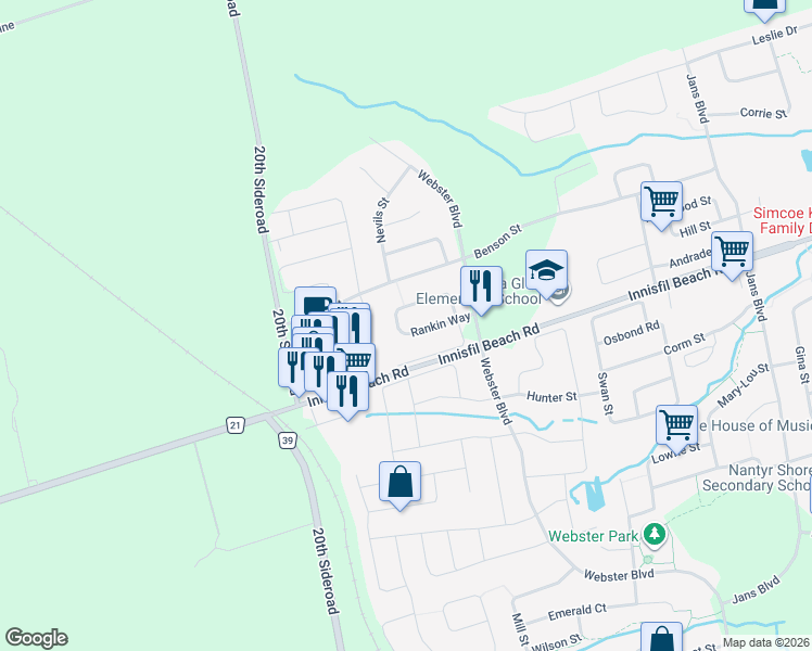 map of restaurants, bars, coffee shops, grocery stores, and more near 2156 Taggart Court in Innisfil