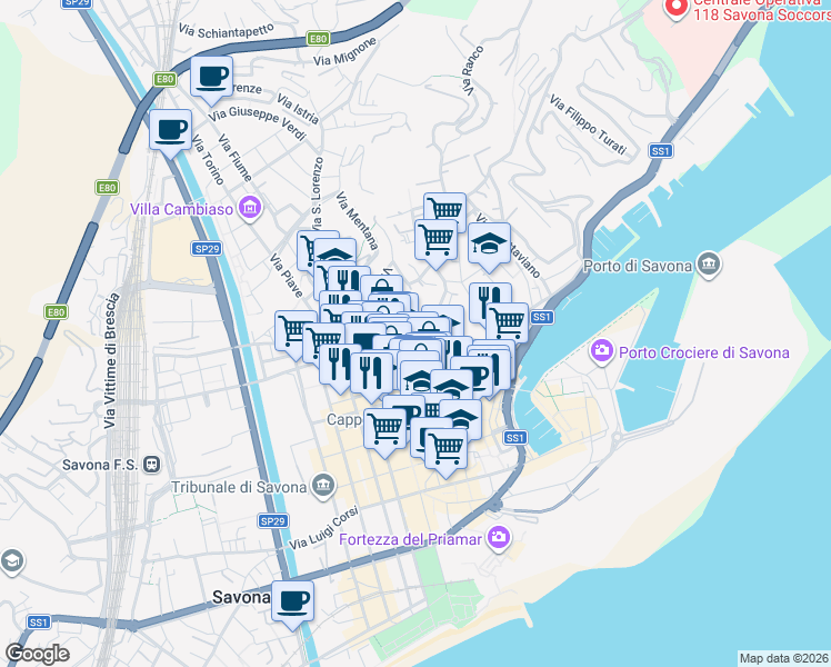 map of restaurants, bars, coffee shops, grocery stores, and more near 10 Via Alessandro Manzoni in Savona