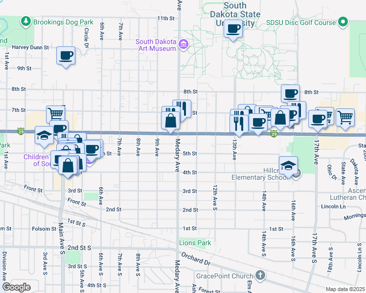 map of restaurants, bars, coffee shops, grocery stores, and more near 1018 5th Street in Brookings