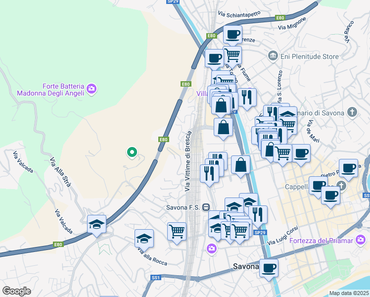 map of restaurants, bars, coffee shops, grocery stores, and more near 13 Via Prudente Giuseppe in Savona