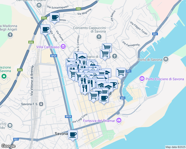 map of restaurants, bars, coffee shops, grocery stores, and more near 2 Piazza Guglielmo Marconi in Savona