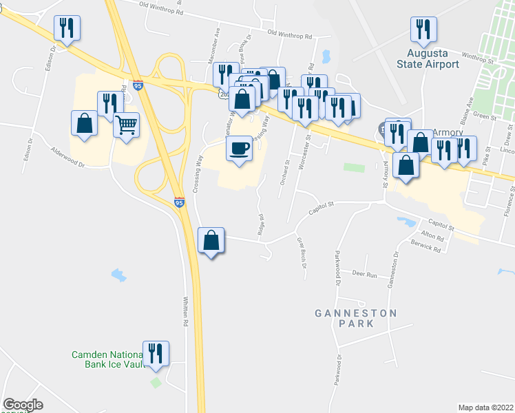 map of restaurants, bars, coffee shops, grocery stores, and more near 23 Ridge Road in Augusta