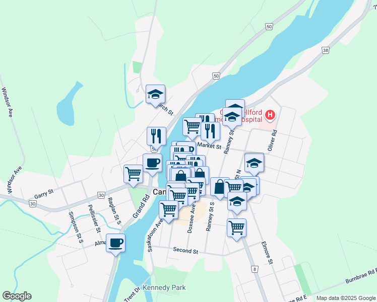 map of restaurants, bars, coffee shops, grocery stores, and more near 74 Front Street North in Campbellford