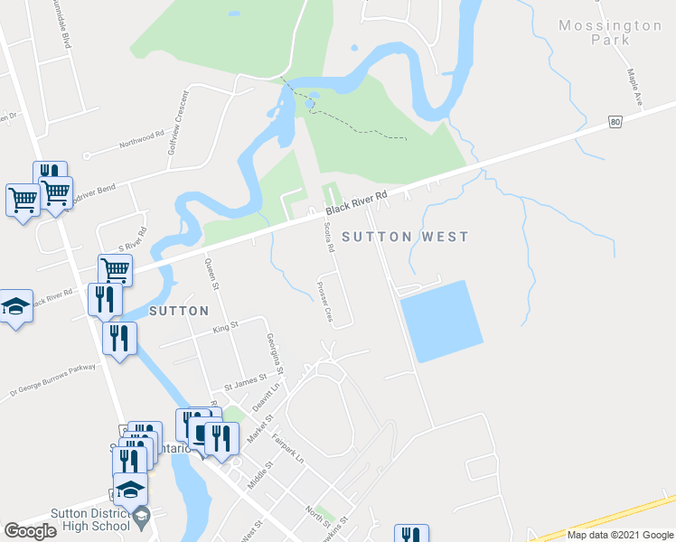 map of restaurants, bars, coffee shops, grocery stores, and more near Scotia Road in Georgina