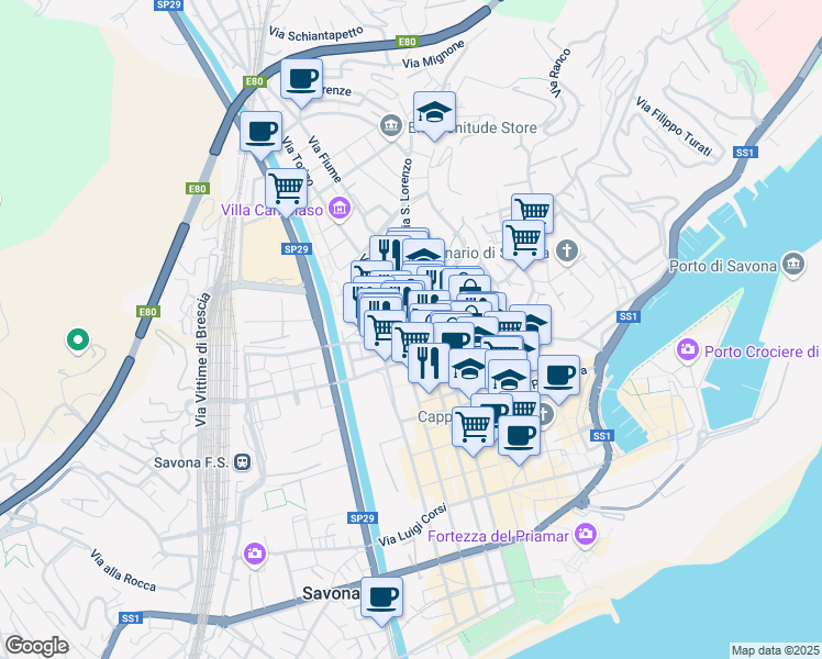 map of restaurants, bars, coffee shops, grocery stores, and more near 32 Piazza Aurelio Saffi in Savona