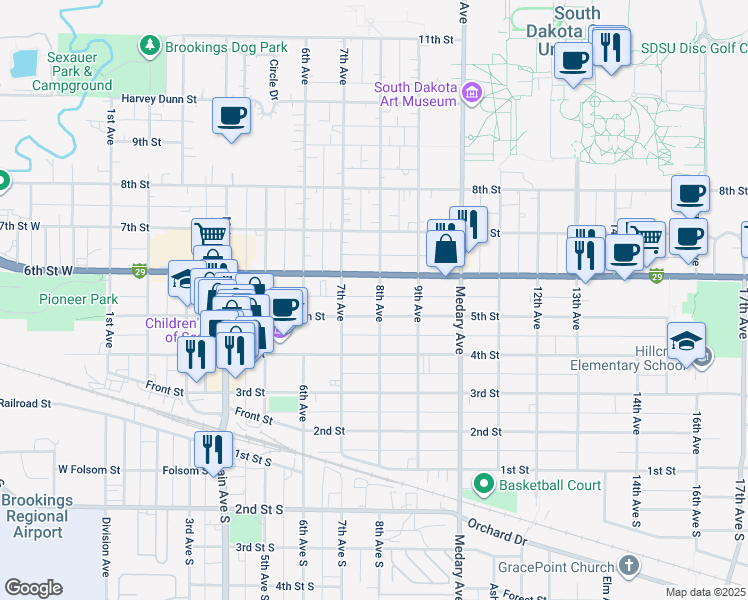 map of restaurants, bars, coffee shops, grocery stores, and more near in Brookings