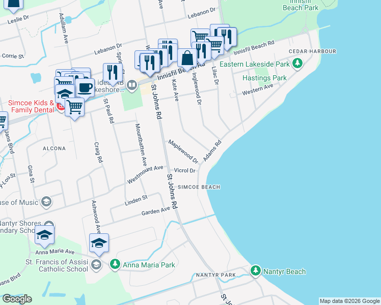 map of restaurants, bars, coffee shops, grocery stores, and more near 904 Maplewood Drive in Innisfil