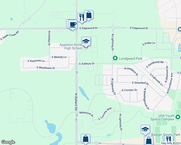 map of restaurants, bars, coffee shops, grocery stores, and more near 4821 North Latitude Lane in Appleton