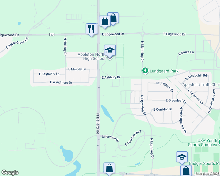 map of restaurants, bars, coffee shops, grocery stores, and more near 1901 East Ashbury Drive in Appleton