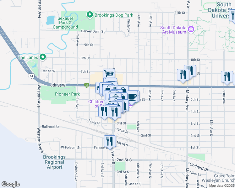 map of restaurants, bars, coffee shops, grocery stores, and more near in Brookings