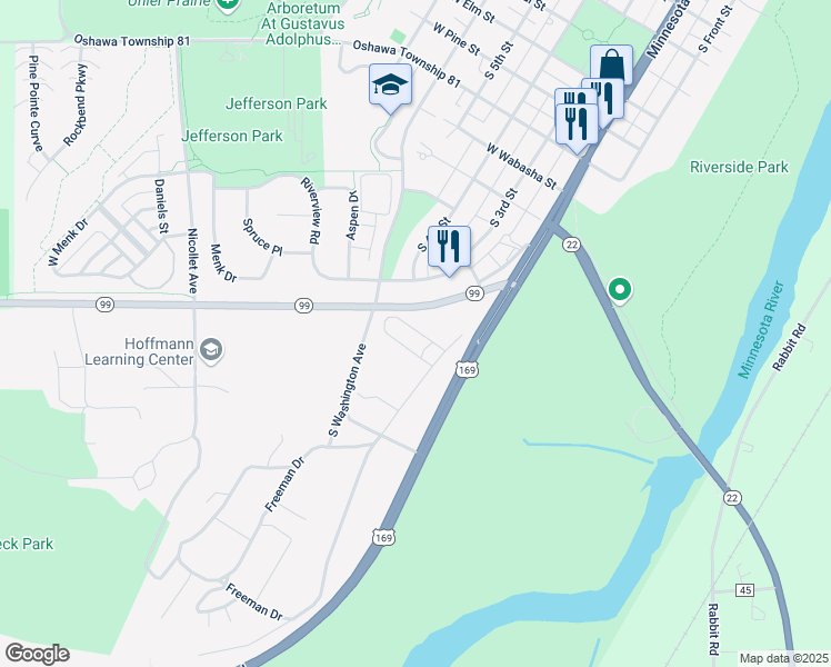map of restaurants, bars, coffee shops, grocery stores, and more near 1685 South 3rd Street in Saint Peter