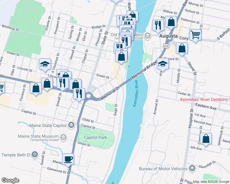 map of restaurants, bars, coffee shops, grocery stores, and more near 11 Swan Street in Augusta