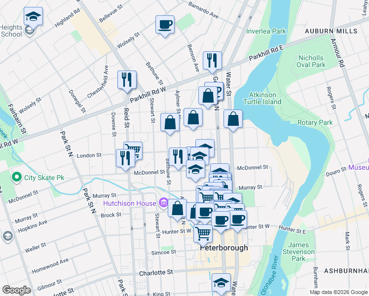 map of restaurants, bars, coffee shops, grocery stores, and more near 228 London Street in Peterborough