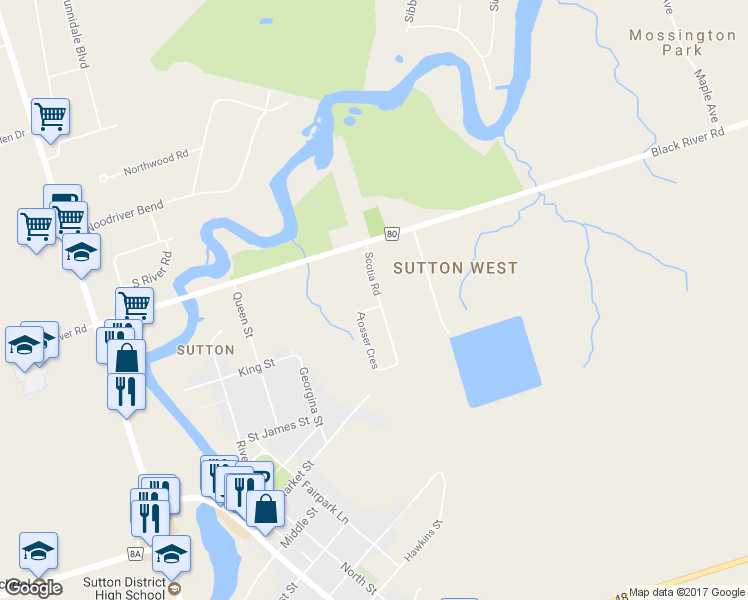 map of restaurants, bars, coffee shops, grocery stores, and more near 2 Prosser Crescent in Georgina
