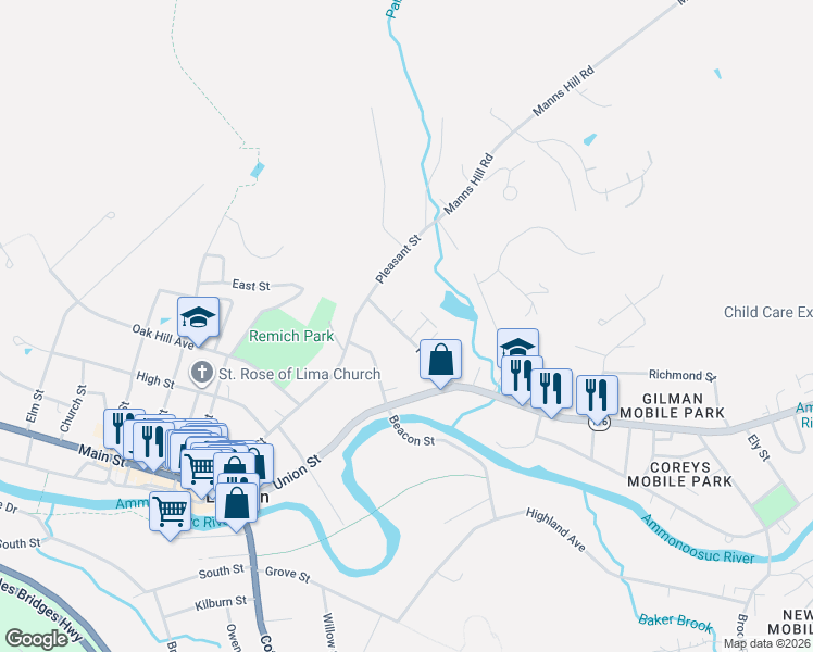 map of restaurants, bars, coffee shops, grocery stores, and more near 92 Pine Street in Littleton