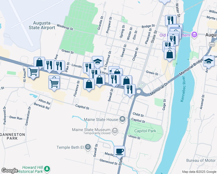 map of restaurants, bars, coffee shops, grocery stores, and more near 40 Western Avenue in Augusta