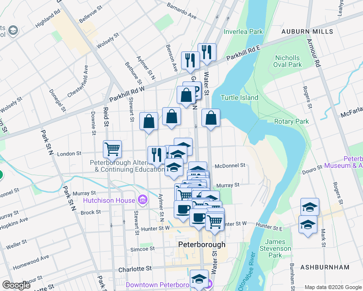 map of restaurants, bars, coffee shops, grocery stores, and more near 184 London Street in Peterborough