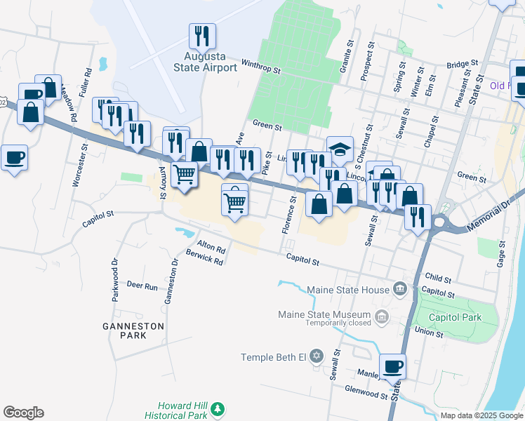 map of restaurants, bars, coffee shops, grocery stores, and more near 11 Western Avenue Place in Augusta