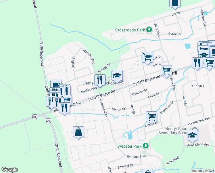 map of restaurants, bars, coffee shops, grocery stores, and more near 1326 Innisfil Beach Road in Innisfil