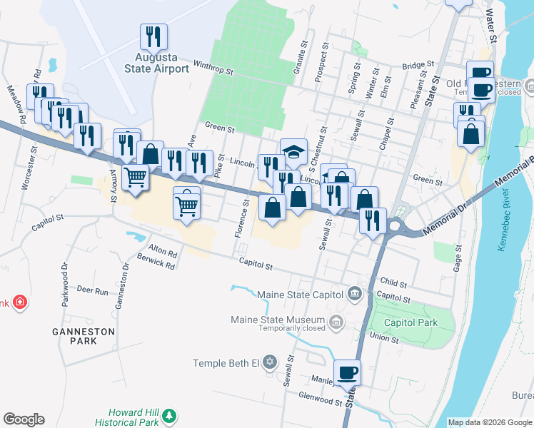 map of restaurants, bars, coffee shops, grocery stores, and more near 4 Amherst Street in Augusta