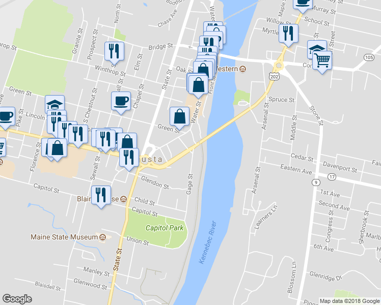 map of restaurants, bars, coffee shops, grocery stores, and more near 6 Swan Street in Augusta