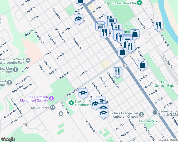 map of restaurants, bars, coffee shops, grocery stores, and more near 102 North Franklin Street in New Ulm