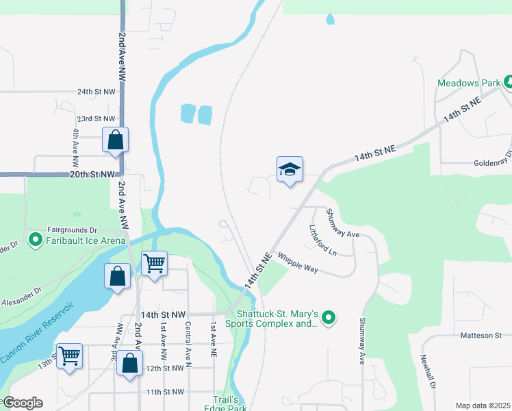 map of restaurants, bars, coffee shops, grocery stores, and more near 1800 14th Street Northeast in Faribault
